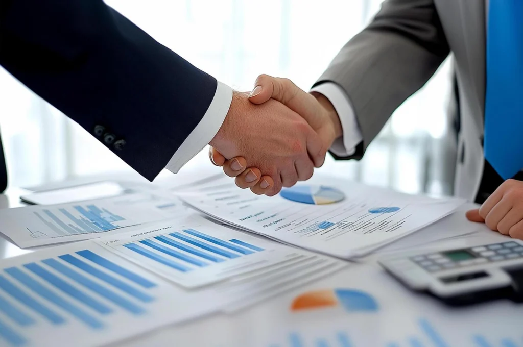 business professionals engage in a handshake during a meeting to finalize a contract near financial reports and charts free photo